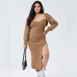 CIDER - KNIT SOLID CAMI SPLIT MIDI DRESS & CROP TOP (Coffee)